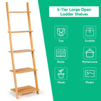 Scaffale a Scala a 5 Ripiani Moderno in Bambù Scaffale a Muro Libreria Espositiva Aperta