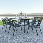Emma and Oliver 7 Piece Patio Table & Chairs Set with 31.5x55 Rectangular Metal Table with Tempered Glass Top and 6 Black Aluminum Stacking Chairs