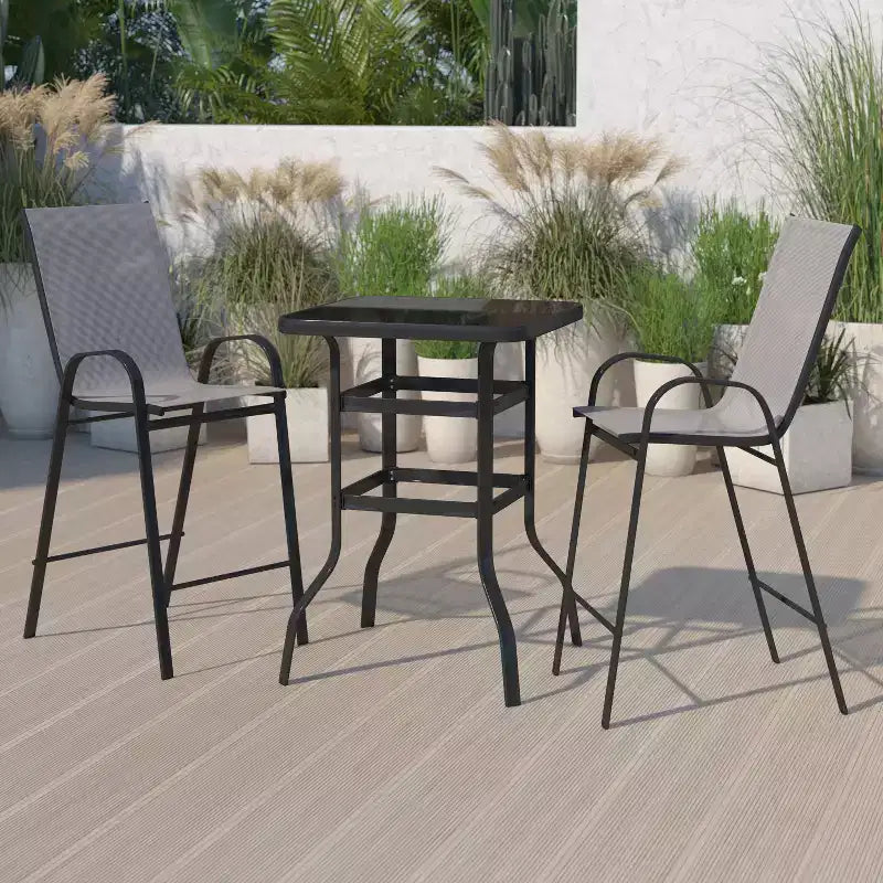 Emma and Oliver 3 Piece Outdoor Bar Height Set-Glass Patio Bar Table-All-Weather Barstools