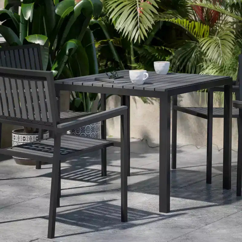 Flash Furniture Harris 5 Piece Commercial Indoor/Outdoor Table and Chairs with Black Poly Resin Slatted Backs and Seats