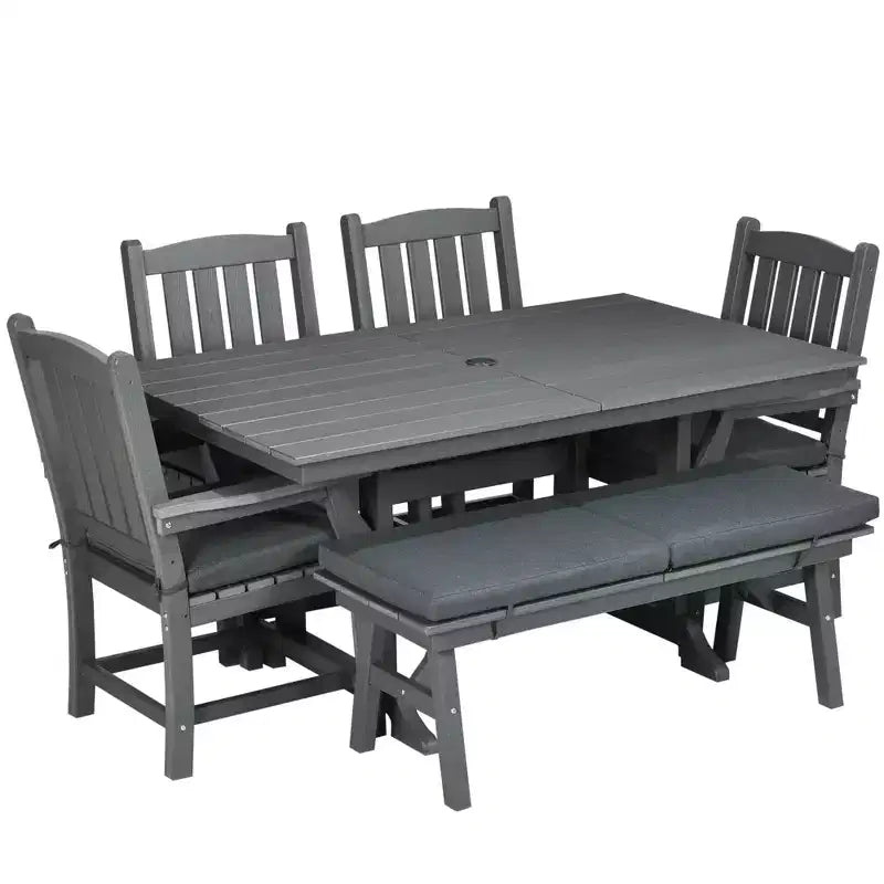 Outsunny Outdoor Dining Set, Patio Table and Chairs Set of 6, Conversation Furniture with Armrests, Loveseat Bench, Umbrella Hole, Cushions