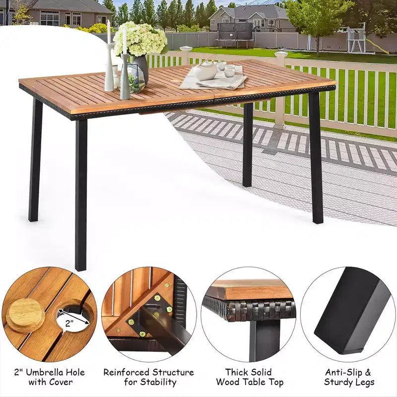 Costway 7 PCS Patio Rattan Dining Set Acacia Wood Table Top Stackable Chair