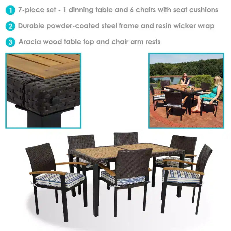 Ensemble de salle à manger d'extérieur Carlow de Sunnydaze en rotin et bois d'acacia avec table, chaises et coussins d'assise - 7 pièces