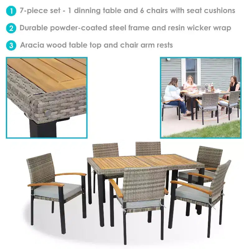 Ensemble de salle à manger d'extérieur Carlow de Sunnydaze en rotin et bois d'acacia avec table, chaises et coussins d'assise - 7 pièces