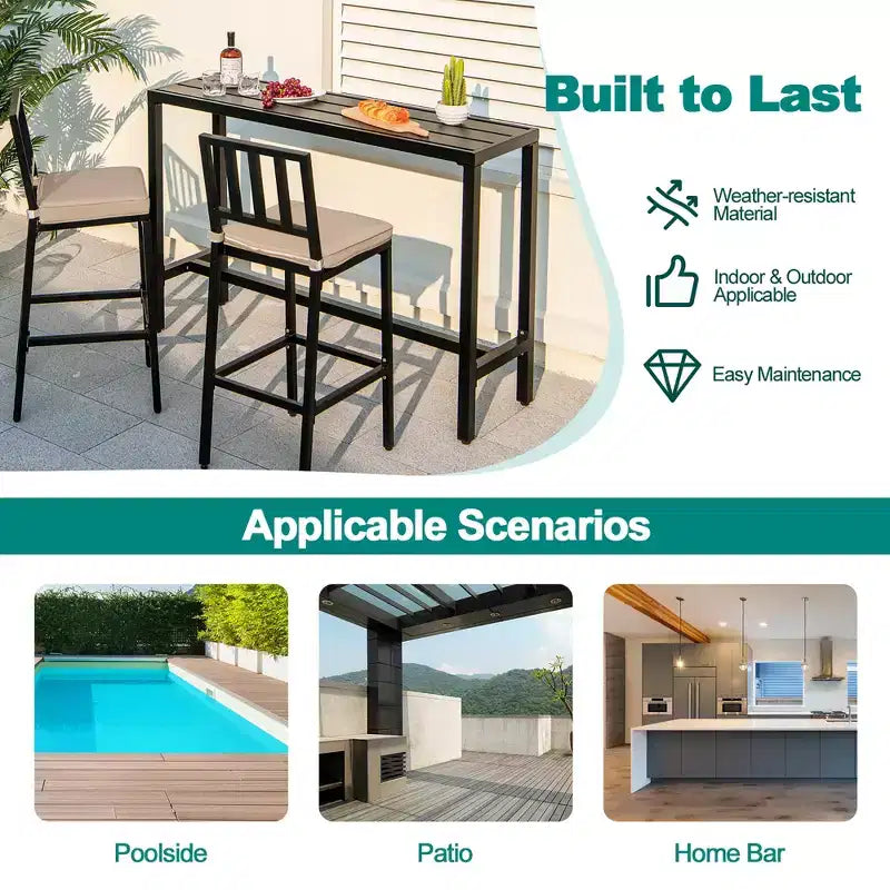 Costway 3PCS Patio Dining Table Set Metal Bar Table & Chairs Set with Cushion