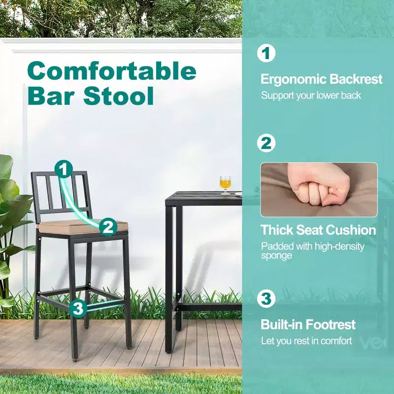 Costway 3PCS Patio Dining Table Set Metal Bar Table & Chairs Set with Cushion