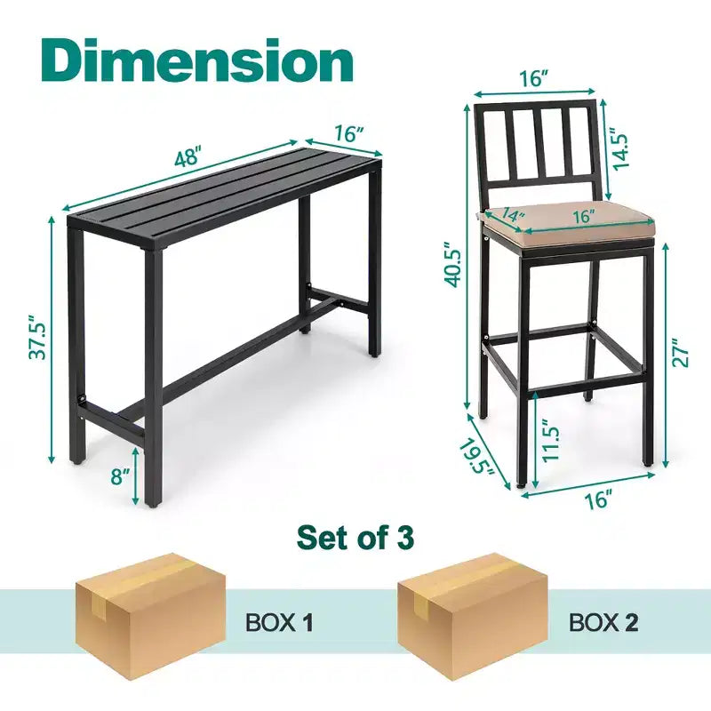 Costway 3PCS Outdoor Metal Bar Table & Chairs Set Patio Dining Table Set with Cushion