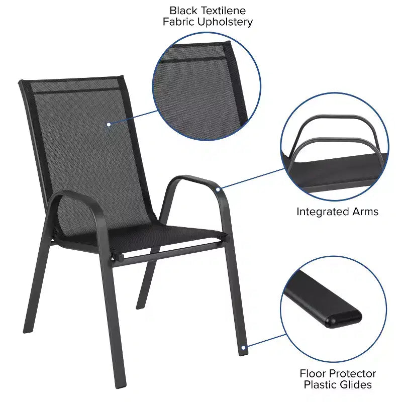 Emma and Oliver Five Piece Patio Table Set with Round Metal Table with Tempered Glass Top and 4 Flex Comfort Stacking Chairs