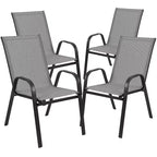 Emma and Oliver Five Piece Patio Table Set with Round Metal Table with Tempered Glass Top and 4 Flex Comfort Stacking Chairs