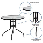 Emma and Oliver Five Piece Patio Table Set with Round Metal Table with Tempered Glass Top and 4 Flex Comfort Stacking Chairs