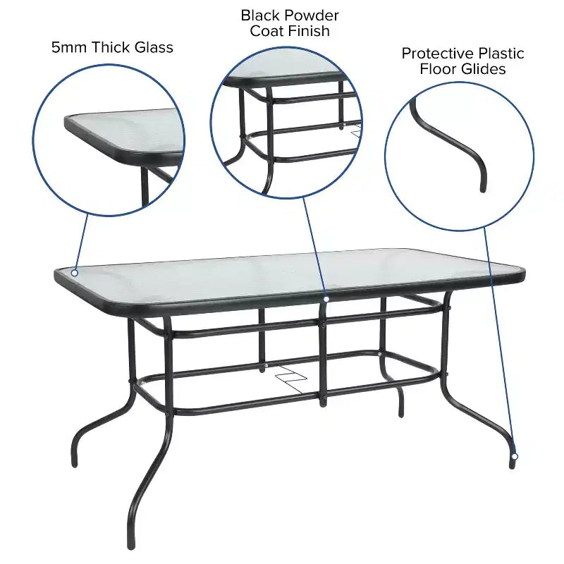 Emma and Oliver Seven Piece Patio Table Set with Metal Table with Tempered Glass Top and 6 Flex Comfort Stacking Chairs