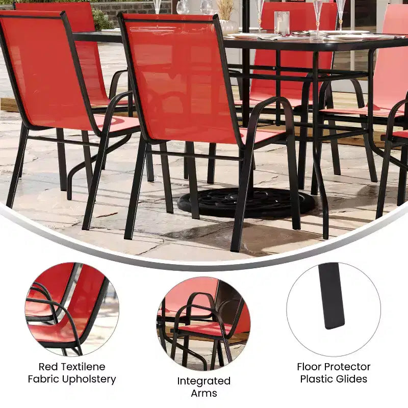 Emma and Oliver Seven Piece Patio Table Set with Metal Table with Tempered Glass Top and 6 Flex Comfort Stacking Chairs