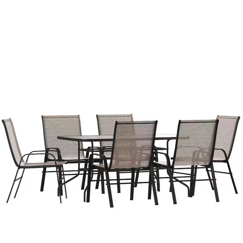 Emma and Oliver Seven Piece Patio Table Set with Metal Table with Tempered Glass Top and 6 Flex Comfort Stacking Chairs