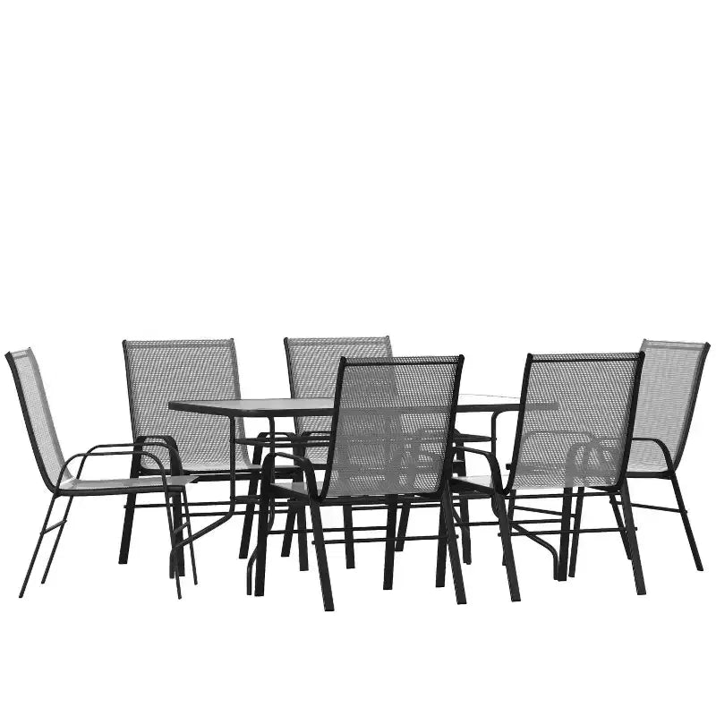 Emma and Oliver Seven Piece Patio Table Set with Metal Table with Tempered Glass Top and 6 Flex Comfort Stacking Chairs