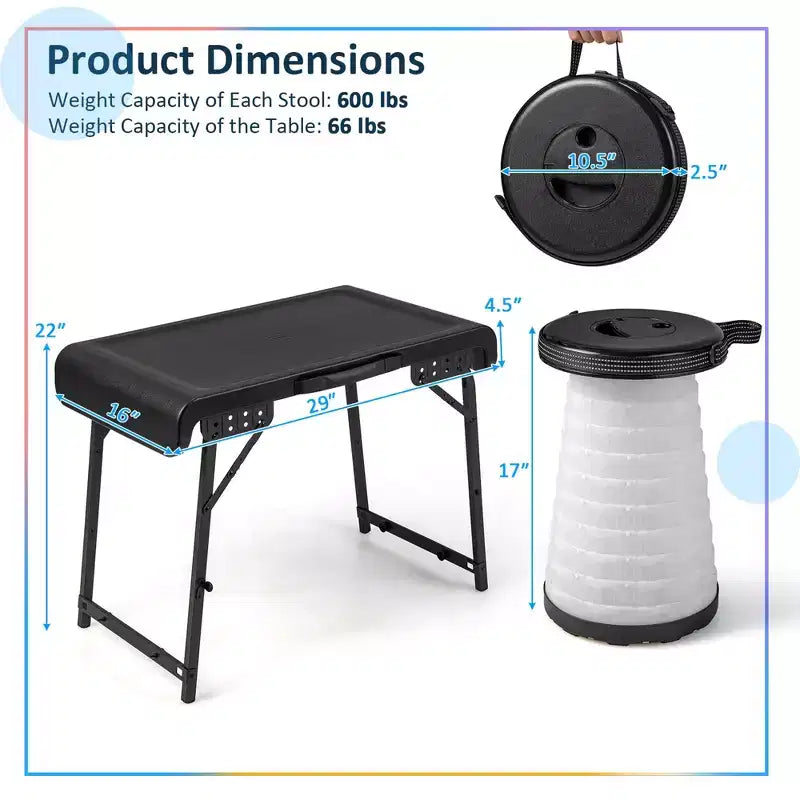 Costway 3-Piece Folding Table Stool Set with a Camping Table & 2 Retractable LED Stools