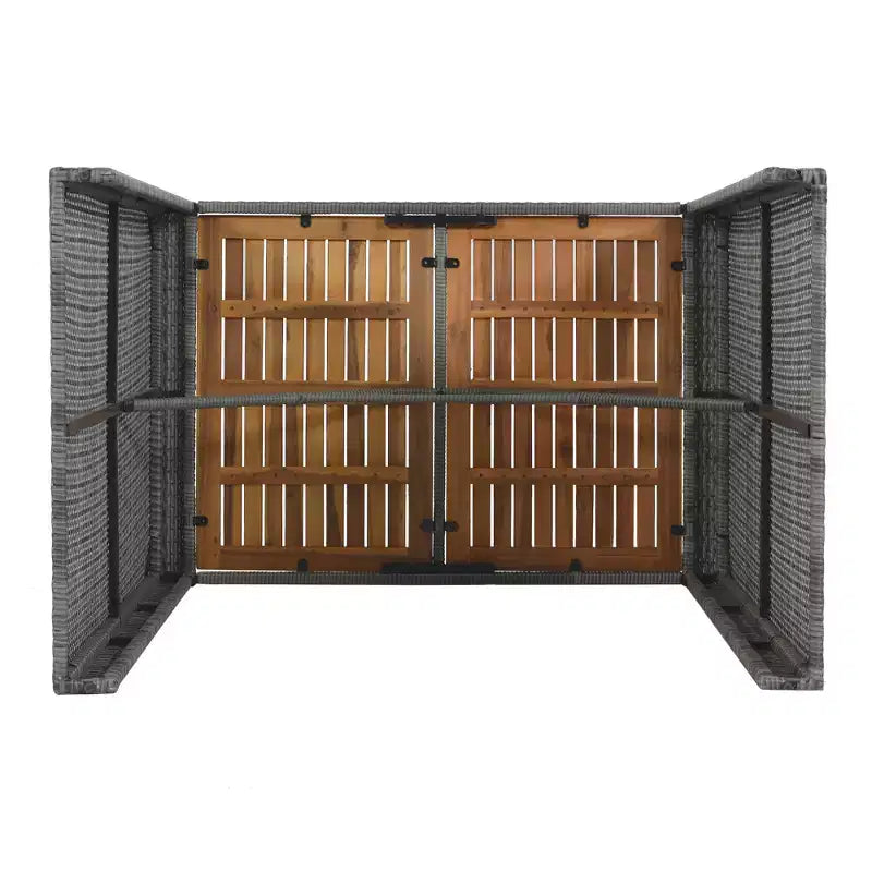 5 PCS Outdoor Patio Acacia Wood Top Wicker Bar with Bar Stools and Removable Cushions,Gray - ModernLuxe