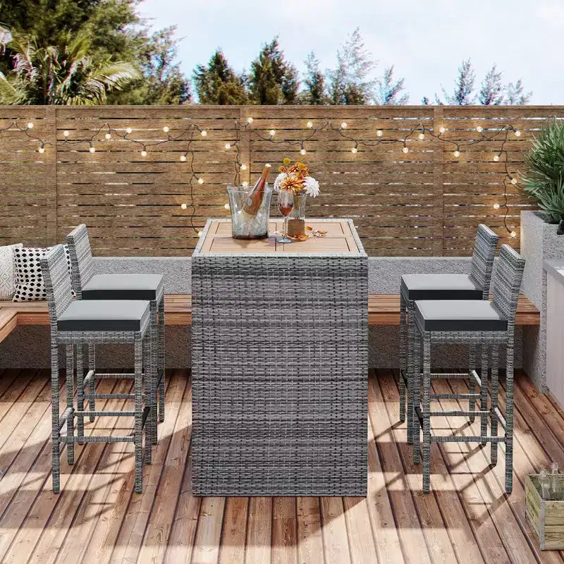 5 PCS Outdoor Patio Acacia Wood Top Wicker Bar with Bar Stools and Removable Cushions,Gray - ModernLuxe