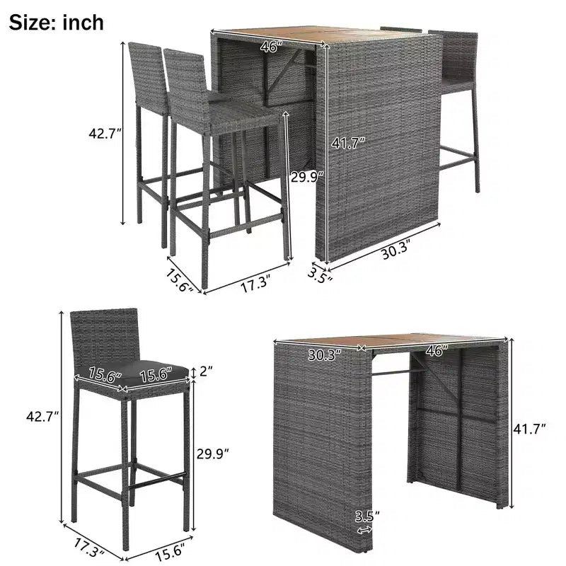 5 PCS Outdoor Patio Acacia Wood Top Wicker Bar with Bar Stools and Removable Cushions,Gray - ModernLuxe