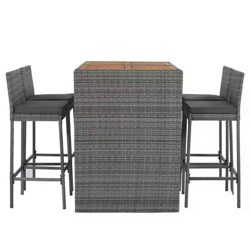 5 PCS Outdoor Patio Acacia Wood Top Wicker Bar with Bar Stools and Removable Cushions,Gray - ModernLuxe
