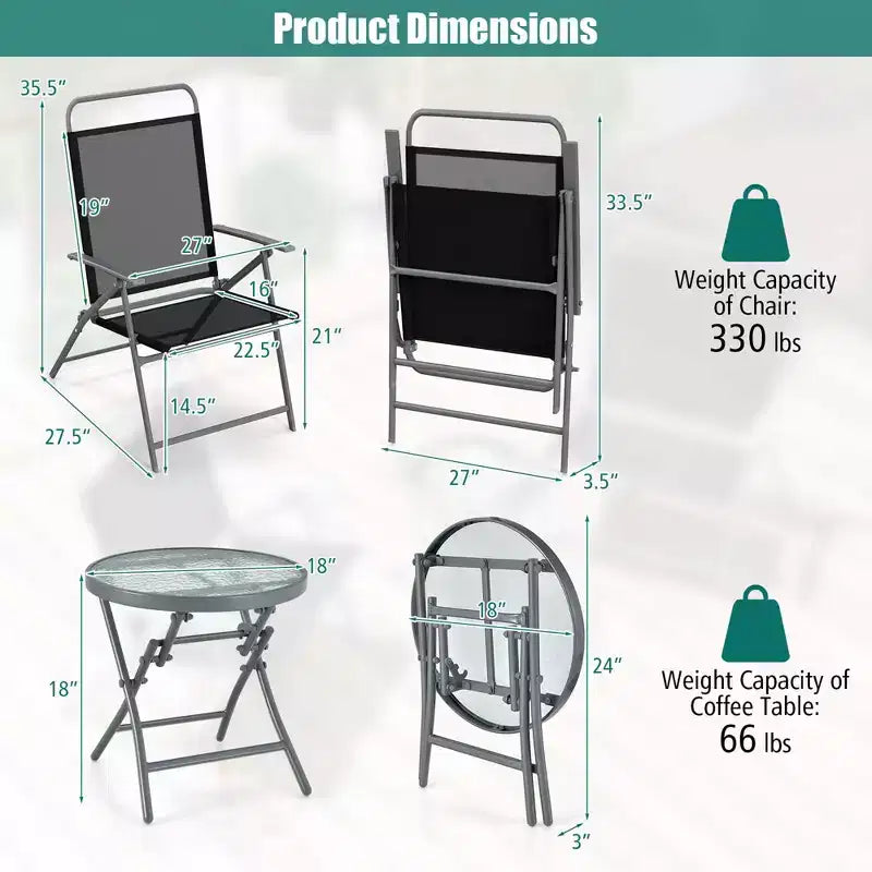 Costway 3pcs Patio Folding Table Chair Set Extra-Large Seat Metal Frame Portable Outdoor