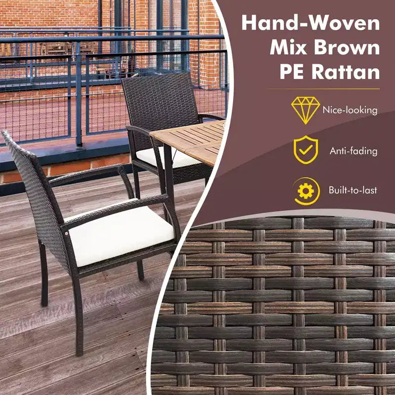 Costway 7 PCS Patio Rattan Dining Set Acacia Wood Table 6 Wicker Chairs with Umbrella Hole