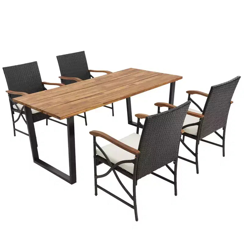 Costway 5 PCS Patio Rattan Dining Set Acacia Wood Table 4 Wicker Chairs with Umbrella Hole
