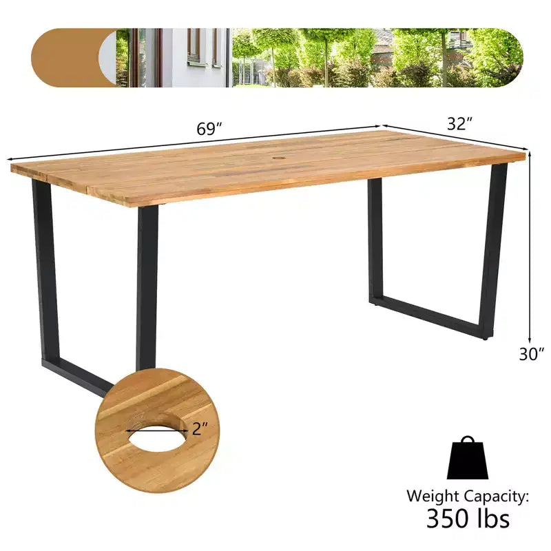 Costway 5 PCS Patio Rattan Dining Set Acacia Wood Table 4 Wicker Chairs with Umbrella Hole