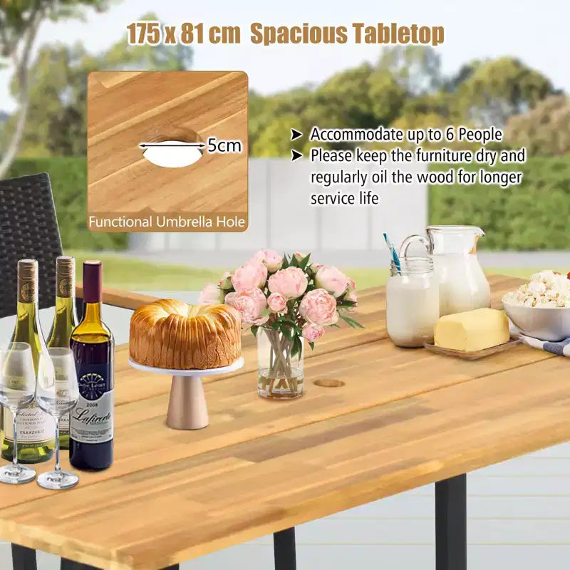 Costway 5 PCS Patio Rattan Dining Set Acacia Wood Table 4 Wicker Chairs with Umbrella Hole