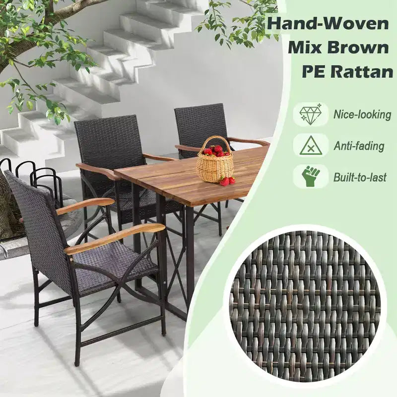Costway 5 PCS Patio Rattan Dining Set Acacia Wood Table 4 Wicker Chairs with Umbrella Hole