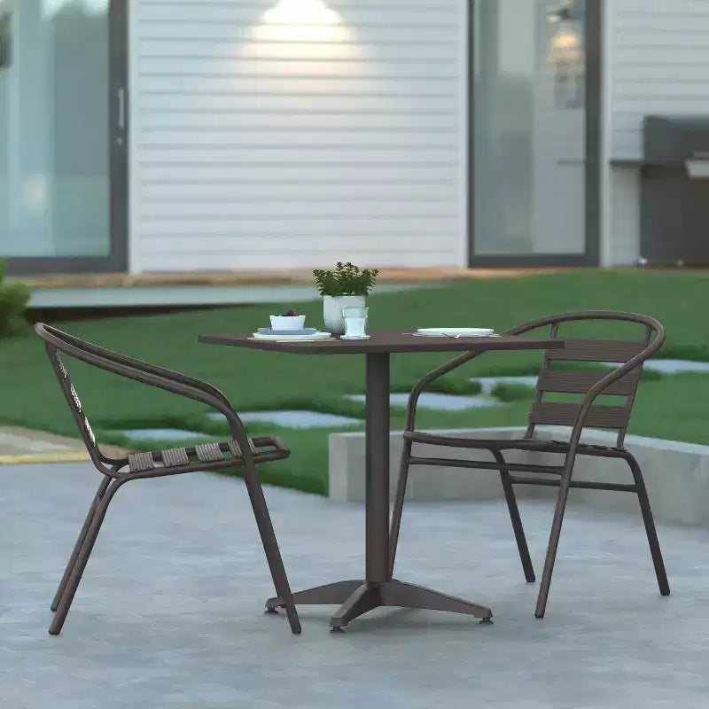 Emma and Oliver 27.5'' Square Aluminum Indoor-Outdoor Table Set with 2 Slat Back Chairs