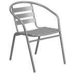Flash Furniture Lila 31.5'' Round Glass Metal Table with 4 Metal Aluminum Slat Stack Chairs