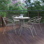 Flash Furniture Lila 31.5'' Round Glass Metal Table with 4 Metal Aluminum Slat Stack Chairs
