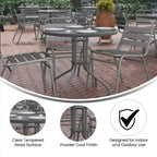 Flash Furniture Lila 31.5'' Round Glass Metal Table with 4 Metal Aluminum Slat Stack Chairs