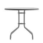 Flash Furniture Lila 31.5'' Round Glass Metal Table with 4 Metal Aluminum Slat Stack Chairs