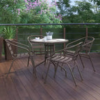 Flash Furniture Lila 31.5'' Round Glass Metal Table with 4 Metal Aluminum Slat Stack Chairs