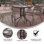 Flash Furniture Lila 31.5'' Round Glass Metal Table with 4 Metal Aluminum Slat Stack Chairs