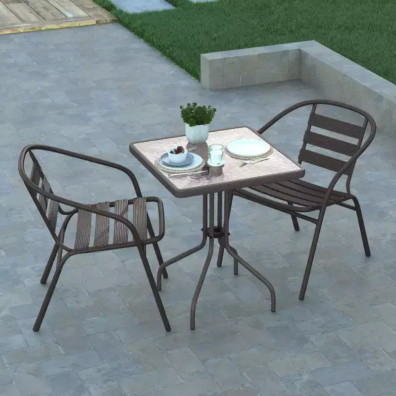 Emma and Oliver 23.5'' Square Glass Top Metal Table with 2 Aluminum Slat Stack Chairs