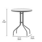 Emma and Oliver 23.75'' Round Glass Top Metal Table with 2 Aluminum Slat Stack Chairs