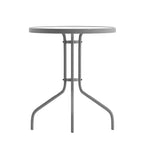 Emma and Oliver 23.75'' Round Glass Top Metal Table with 2 Aluminum Slat Stack Chairs