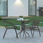 Emma and Oliver 23.75'' Round Glass Top Metal Table with 2 Aluminum Slat Stack Chairs