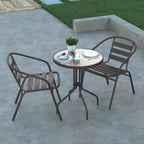 Emma and Oliver 23.75'' Round Glass Top Metal Table with 2 Aluminum Slat Stack Chairs