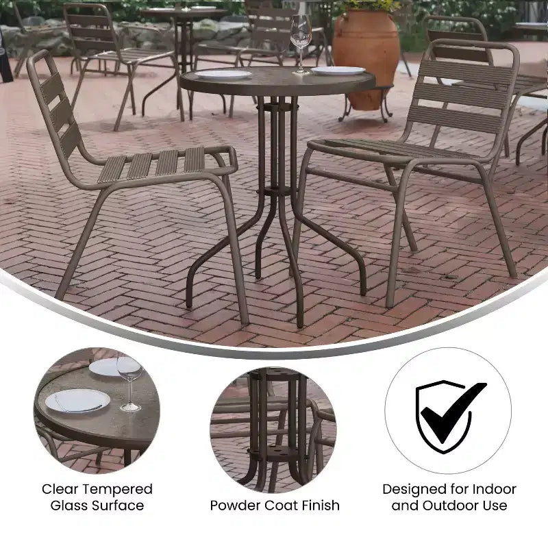 Emma and Oliver 23.75'' Round Glass Top Metal Table with 2 Aluminum Slat Stack Chairs