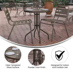Emma and Oliver 23.75'' Round Glass Top Metal Table with 2 Aluminum Slat Stack Chairs
