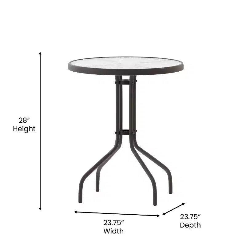 Emma and Oliver 23.75'' Round Glass Top Metal Table with 2 Aluminum Slat Stack Chairs