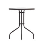 Emma and Oliver 23.75'' Round Glass Top Metal Table with 2 Aluminum Slat Stack Chairs