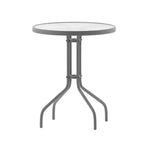 Emma and Oliver 23.75'' Round Glass Top Metal Table with 2 Aluminum Slat Stack Chairs