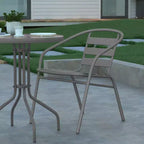 Emma and Oliver 23.75'' Round Glass Top Metal Table with 2 Aluminum Slat Stack Chairs