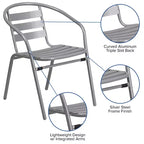 Emma and Oliver 23.75'' Round Glass Top Metal Table with 2 Aluminum Slat Stack Chairs