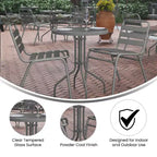 Emma and Oliver 23.75'' Round Glass Top Metal Table with 2 Aluminum Slat Stack Chairs