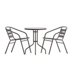 Emma and Oliver 23.75'' Round Glass Top Metal Table with 2 Aluminum Slat Stack Chairs